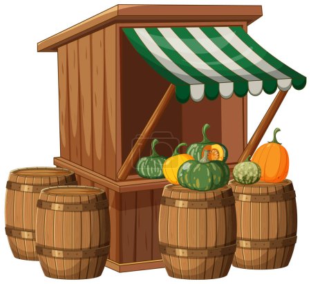 Wooden stall with pumpkins and barrels under awning