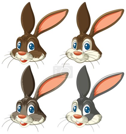 Téléchargez les illustrations : Quatre têtes de lapin de dessin animé de couleur différente - en licence libre de droit