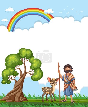 Illustration for Cartoon of a man and deer under a rainbow - Royalty Free Image