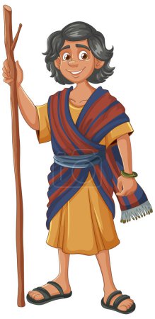 Ilustración de Dibujos animados de un joven pastor alegre sosteniendo un bastón - Imagen libre de derechos