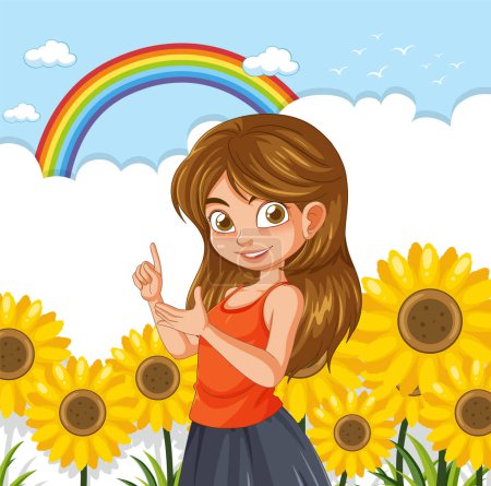 Illustration for Happy young girl among sunflowers under a bright rainbow - Royalty Free Image