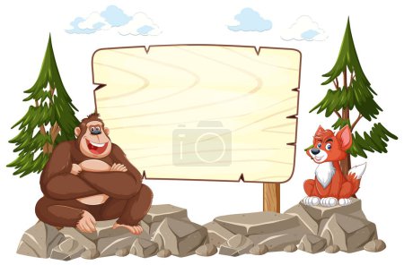 Zeichentrickgorilla und Fuchs neben einem Holzschild.