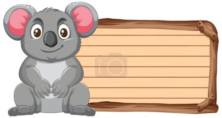 Ilustración de Adorable koala sentado junto a un letrero de madera en blanco. - Imagen libre de derechos