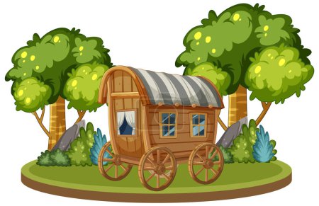 Caricature d'une caravane vintage au milieu d'arbres luxuriants