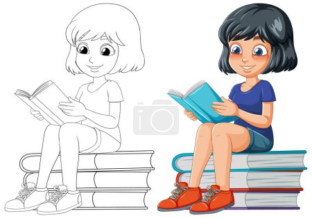 Ilustración de Ilustración de una niña leyendo en una pila de libros - Imagen libre de derechos