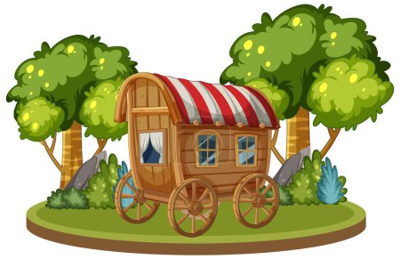 Ilustración de Colorido vagón vintage en un exuberante bosque verde - Imagen libre de derechos