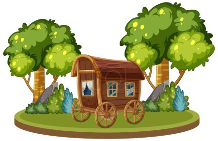 Téléchargez les illustrations : Cartoon chariot en bois entouré d'arbres luxuriants - en licence libre de droit