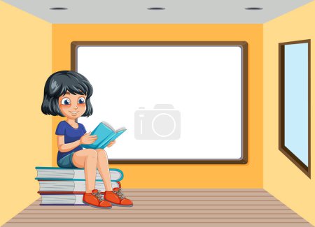 Cartoon girl reading book in classroom setting