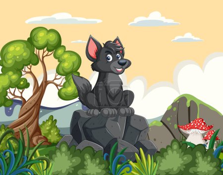 Illustration for An animated dog sitting on rocks outdoors. - Royalty Free Image