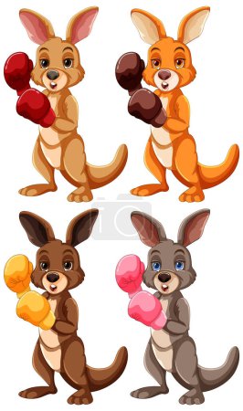Téléchargez les illustrations : Kangourous colorés avec des gants de boxe dessin animé. - en licence libre de droit
