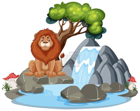 Ilustración de León de dibujos animados sentado orgullosamente junto a una serena cascada - Imagen libre de derechos