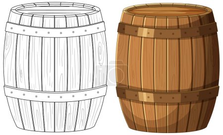 Téléchargez les illustrations : Deux barils en bois, un coloré et une ligne d'art. - en licence libre de droit