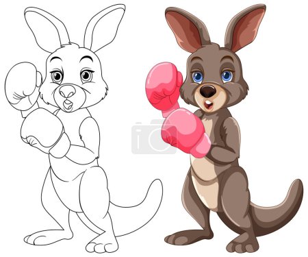 From sketch to color, a kangaroo with boxing gloves