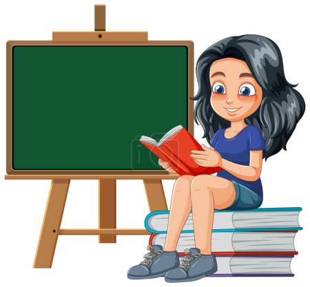 Cartoon girl reading beside a chalkboard and books