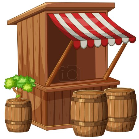 Téléchargez les illustrations : Illustration vectorielle d'un stand de marché en bois pittoresque - en licence libre de droit