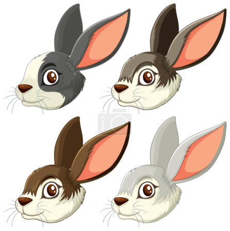 Téléchargez les illustrations : Quatre expressions différentes de lapin dans le style vectoriel - en licence libre de droit