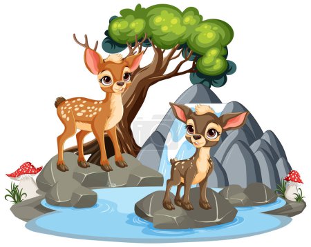 Illustration for Two cute deer fawns near a small waterfall and pond - Royalty Free Image