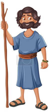 Ilustración de Hombre de dibujos animados sonriente con ropa histórica sosteniendo un bastón. - Imagen libre de derechos