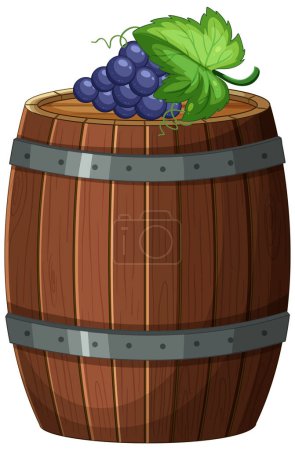 Illustration for Wooden barrel with ripe grapes and leaves on top. - Royalty Free Image