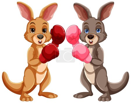 Deux kangourous de dessin animé avec gants de boxe prêts à espar