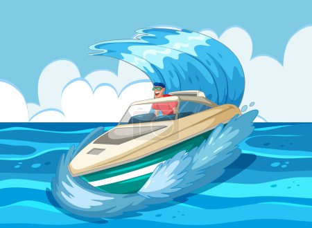 Man steering a boat on cresting ocean waves