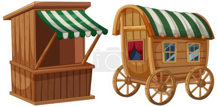 Holzbude und Wohnwagen mit gestreiften Markisen
