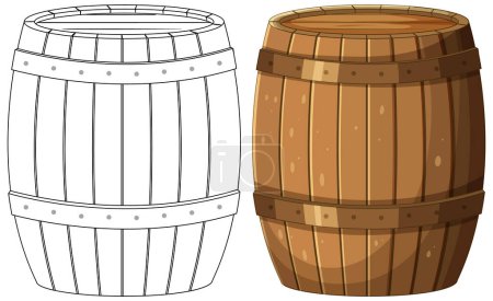 Illustration for Two wooden barrels, one colored and one outlined. - Royalty Free Image