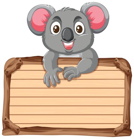 Adorable koala cartoon on a blank wooden sign