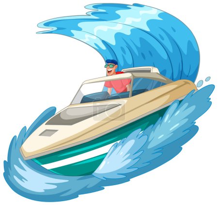 Téléchargez les illustrations : Homme conduisant un bateau sur des vagues bleues dynamiques - en licence libre de droit