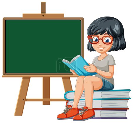 Zeichentrickmädchen lesen Buch neben leerer Tafel