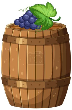 Wooden barrel with ripe grapes and leaves