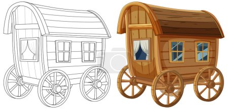 Colorful and line art wooden wagon illustrations.