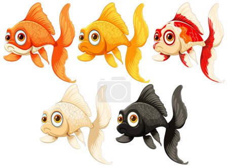 Five vibrant goldfish illustrations swimming together
