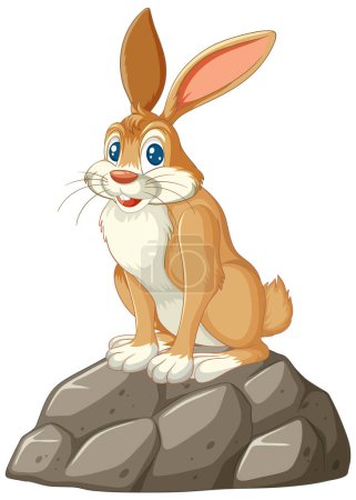 Ein fröhliches Comic-Kaninchen sitzt auf einem Stein