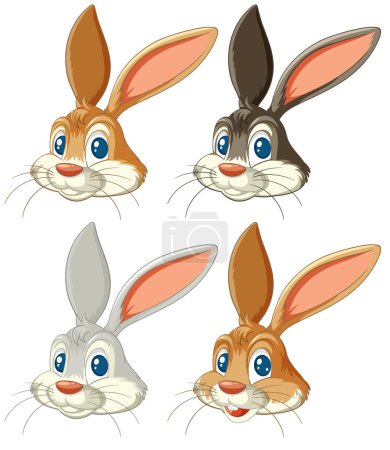 Téléchargez les illustrations : Quatre illustrations vectorielles de visages de lapin mignons - en licence libre de droit