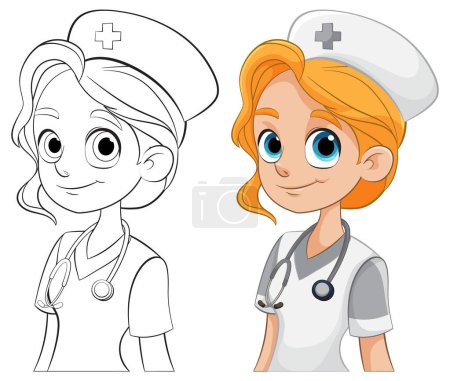 Illustration for Colorful and line art nurse character drawings - Royalty Free Image