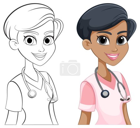 Téléchargez les illustrations : Vecteur coloré et esquissé de deux travailleurs médicaux - en licence libre de droit