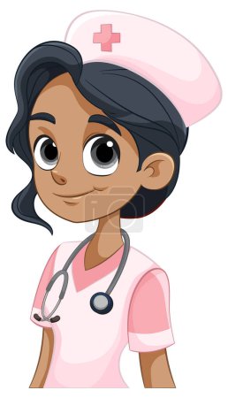 Téléchargez les illustrations : Caricature d'une infirmière souriante avec stéthoscope - en licence libre de droit