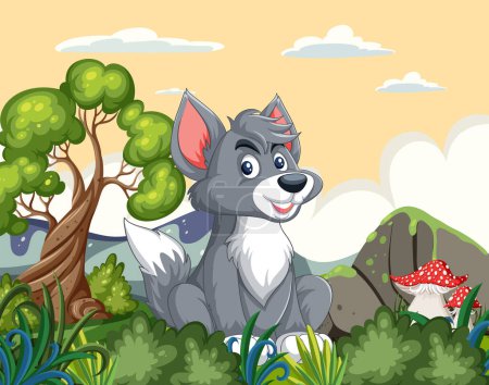 Téléchargez les illustrations : Un chien de dessin animé heureux assis parmi les éléments de la forêt. - en licence libre de droit
