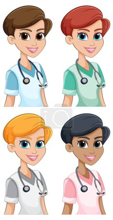 Illustration for Four animated medical professionals smiling confidently. - Royalty Free Image