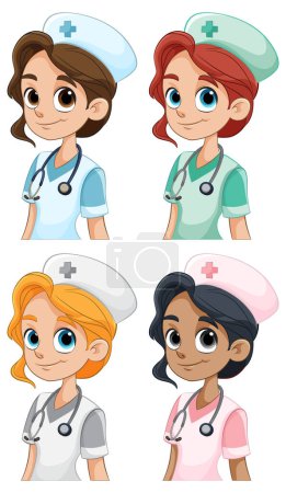 Cuatro enfermeras animadas con diferentes etnias sonriendo.