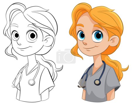 Téléchargez les illustrations : Illustrations d'art colorées et linéaires d'un médecin féminin - en licence libre de droit