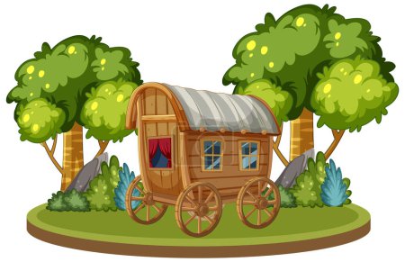 Caravana de madera de dibujos animados entre exuberantes árboles verdes