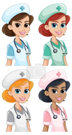 Téléchargez les illustrations : Quatre infirmières de bande dessinée avec différentes ethnies - en licence libre de droit