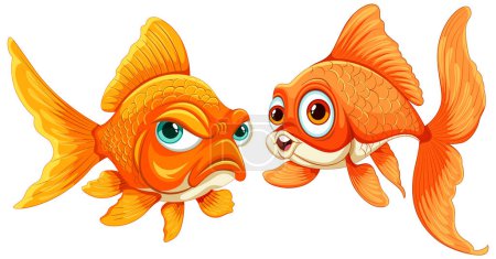 Zwei Cartoon-Goldfische stehen sich gegenüber, leuchtende Farben.