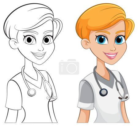 Téléchargez les illustrations : Versions colorées et esquissées d'une infirmière de dessin animé - en licence libre de droit