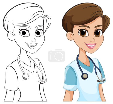 Téléchargez les illustrations : Couleur et contour d'un personnage d'infirmière souriante - en licence libre de droit