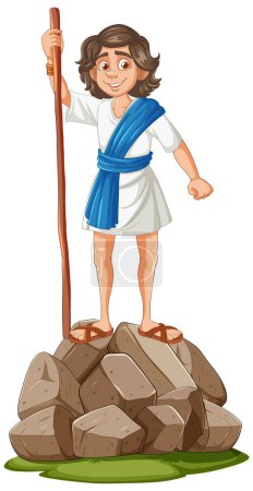 Illustration for Cartoon of a smiling shepherd boy with staff - Royalty Free Image