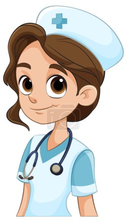 Téléchargez les illustrations : Infirmière dessin animé avec stéthoscope souriant doucement - en licence libre de droit