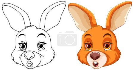 Ilustración de Bosquejo en blanco y negro junto a un conejo de color - Imagen libre de derechos